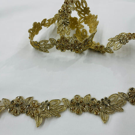 Beaded & Corded Lace Trimming Embroidered On 100% Polyester Net Fabric - 1.5" Width, Multiple Colors (1 Yard)