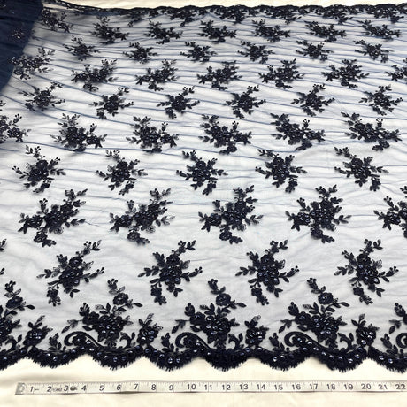 Beaded Corded Bridal Lace Fabric - Embroidered Polyester Net Mesh, Pearl Sequin Detail, 54" Width (1 Yard)