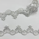 Corded Lace Trimming Embroidered On 100 Percent Polyester Net Mesh Fabric - White, White With Silver, Gold, Ivory, 1.5" Width (1 Yard)