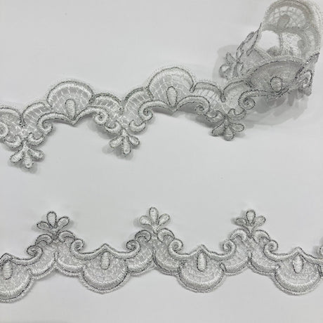 Corded Lace Trimming Embroidered On 100 Percent Polyester Net Mesh Fabric - White, White With Silver, Gold, Ivory, 1.5" Width (1 Yard)