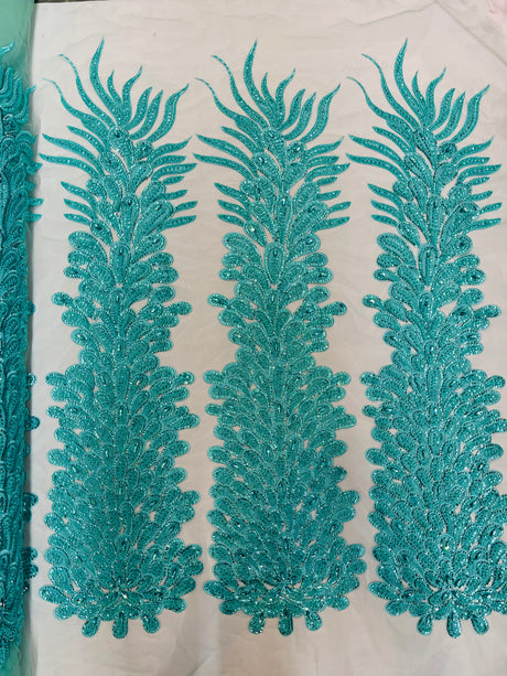 New Vegas Heavy Beaded Feather Design Embroidery Mesh Fabric - Beaded Feather Design, 11" Width, 50" Length (1 Panel)