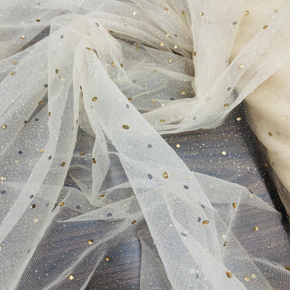 1 Yard Glitter Mesh Fabric with Scattered Rhinestones | 60" Wide | 2 Way Stretch Sparkle Mesh for Gowns, Bridal Wear & Costumes