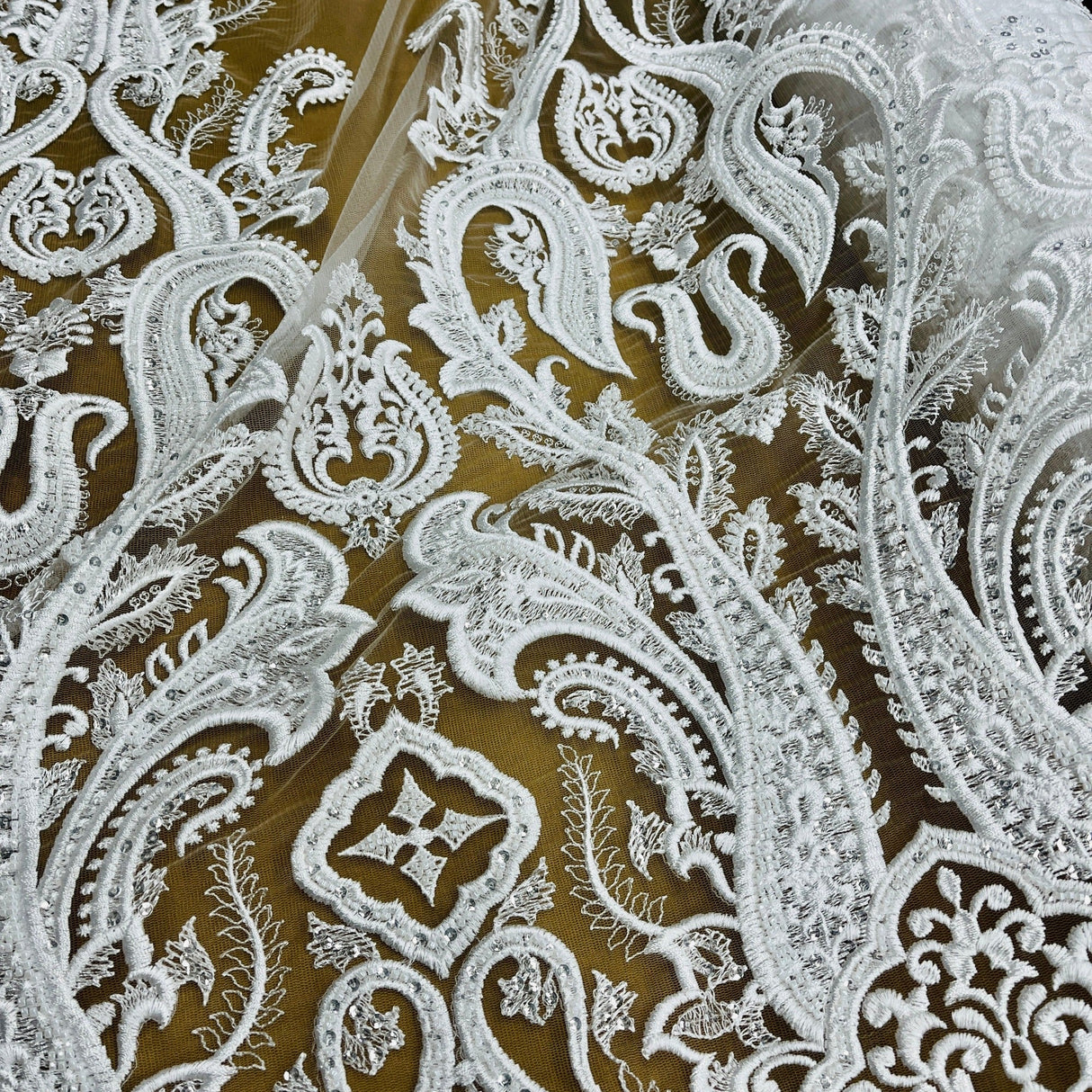 Beaded Lace Fabric on Polyester Net Mesh