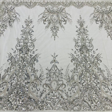 1 Yard Beaded Lace Fabric Embroidered on 100% Polyester Net Mesh, White, Ivory, Gold, and Silver