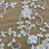 1 Yard Beaded 3D Floral Lace Fabric Embroidered on 100 Percent Polyester Net Mesh White 52 inch Width
