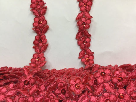 Beaded Corded Lace Trimming Embroidered On 100 Percent Polyester Organza Fabric - 3/4" Width, Multiple Colors (1 Yard)