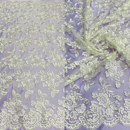 1 Yard Corded Bridal Lace Fabric Embroidered on 100% Polyester Net Mesh – 51"