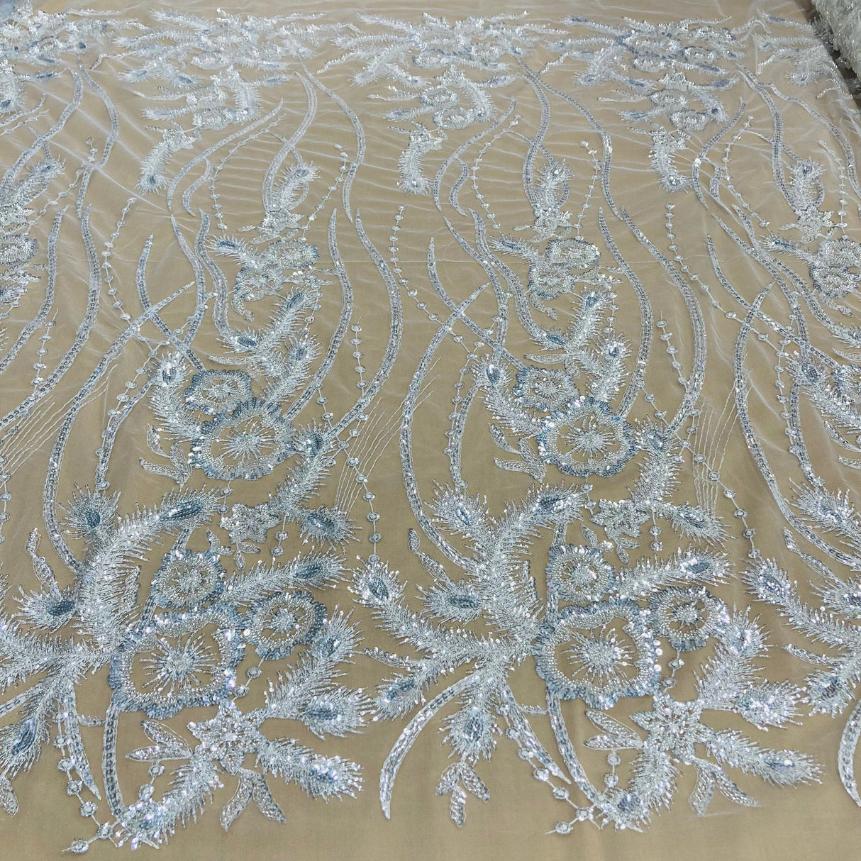 Beaded Sequined Lace Fabric Ivory Silver