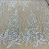 Beaded Sequined Lace Fabric Ivory Silver