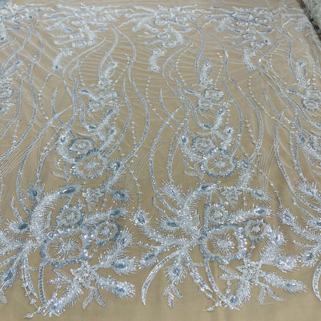 Beaded Sequined Lace Fabric Ivory Silver