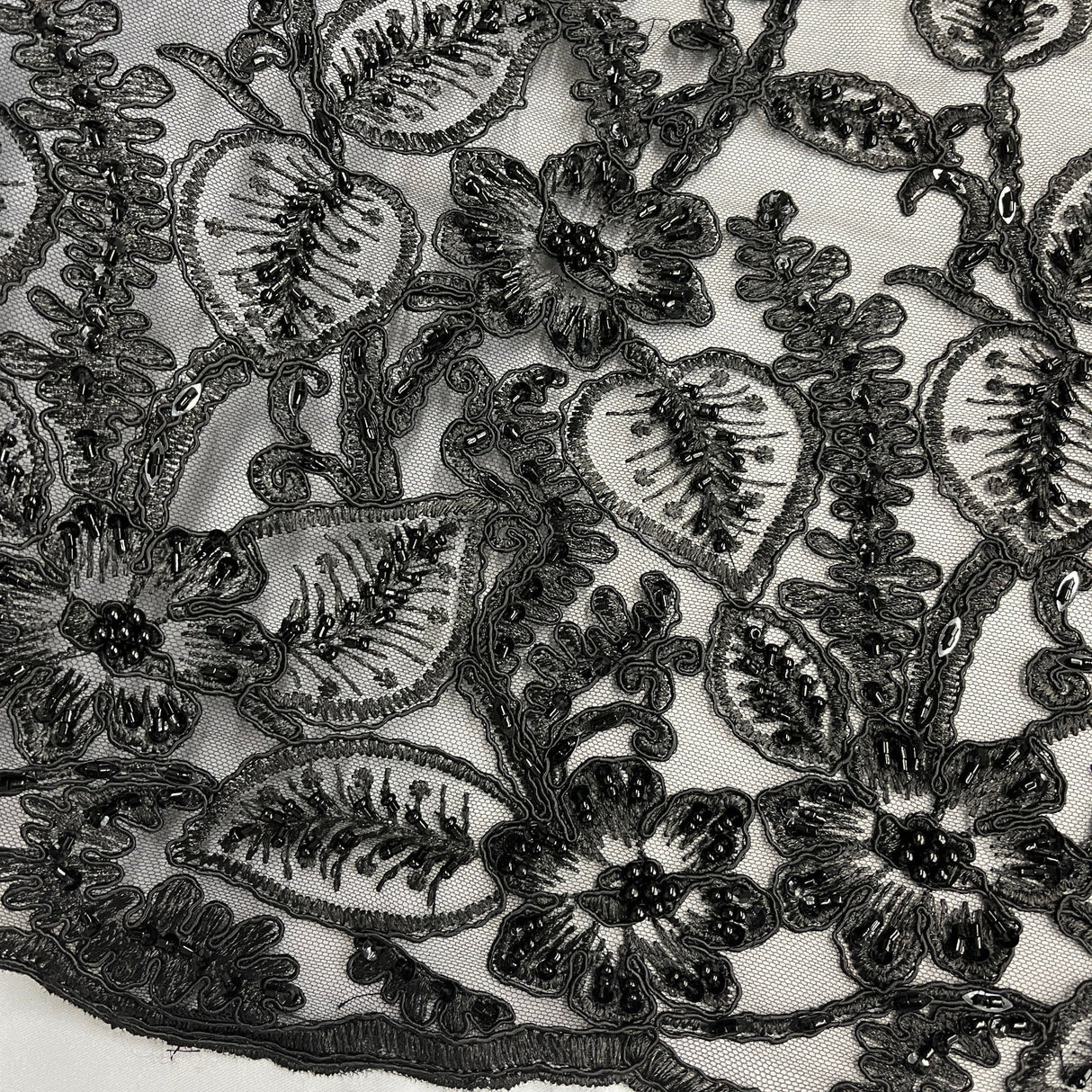 Beaded Corded Lace Fabric on Polyester Net Mesh