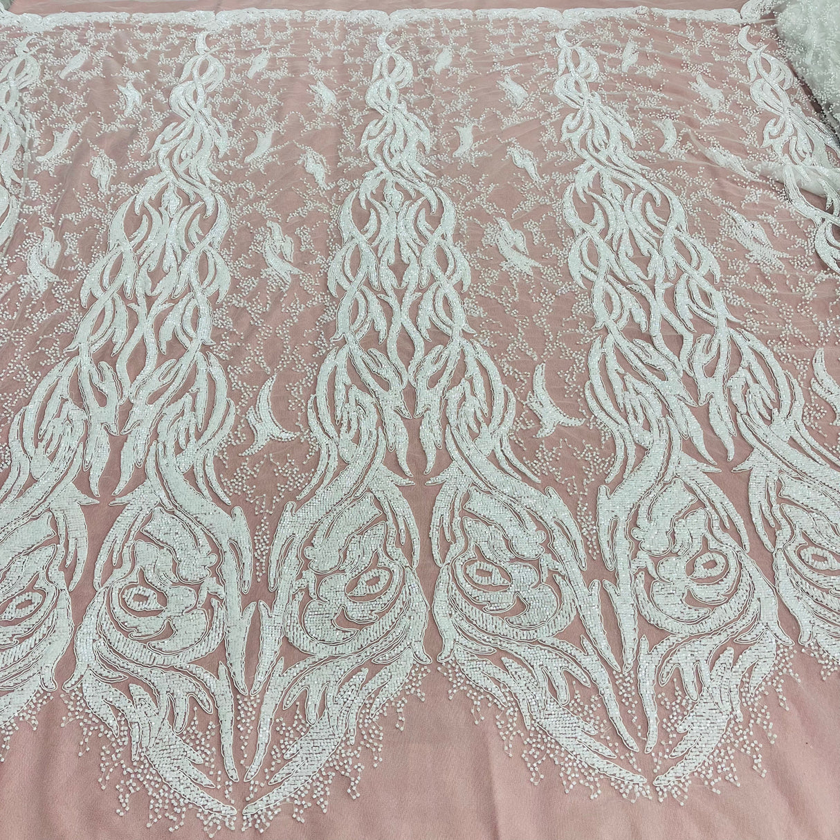 Beaded & Corded Bridal Lace Fabric - Embroidered 100 Percent Polyester Net Mesh, Ivory, Antique Silver, Gold, Silver, White, 58" Width (1 Yard)