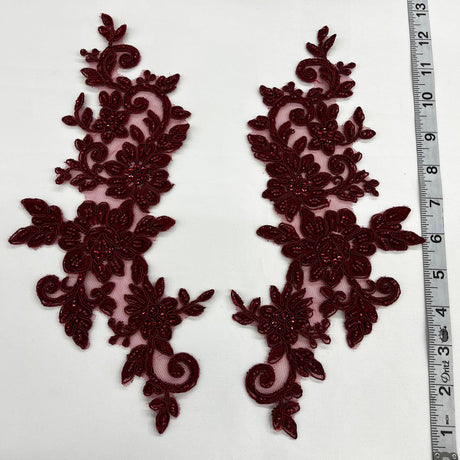 1 Pair Beaded & Corded Floral Lace Applique 100% Polyester Net Mesh 12.5" x 5"