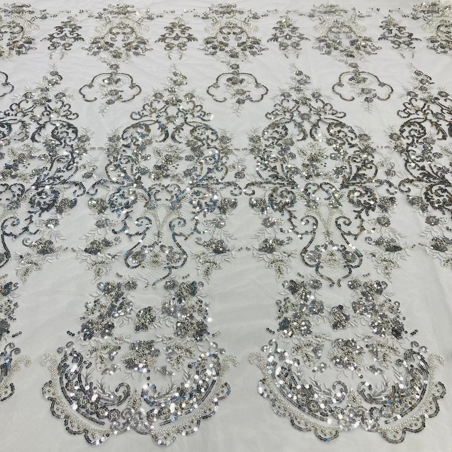 1 Yard Beaded Lace Fabric Embroidered on 100% Polyester Net Mesh Off White