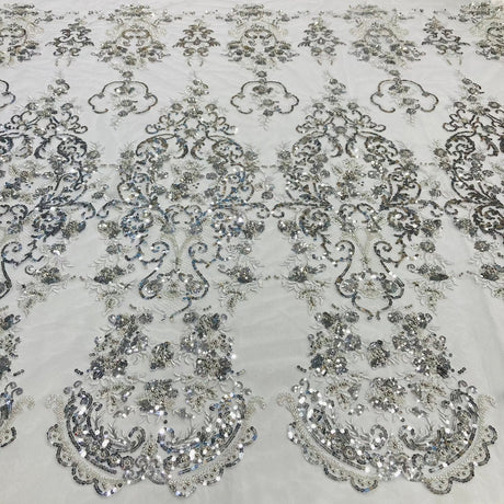 1 Yard Beaded Lace Fabric Embroidered on 100% Polyester Net Mesh Off White