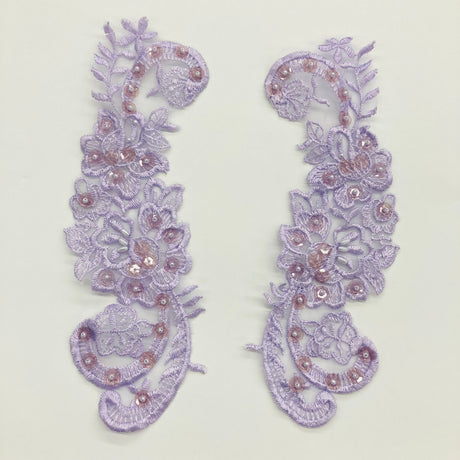 Beaded Lace Applique Embroidered On 100 Percent Polyester Organza Fabric - Gold, Lilac, Red, Pink, Silver, 9" X 3" (1 Pair)