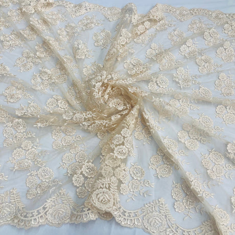 1 Yard Corded Bridal Lace Fabric Embroidered on 100% Polyester Net Mesh – 50"