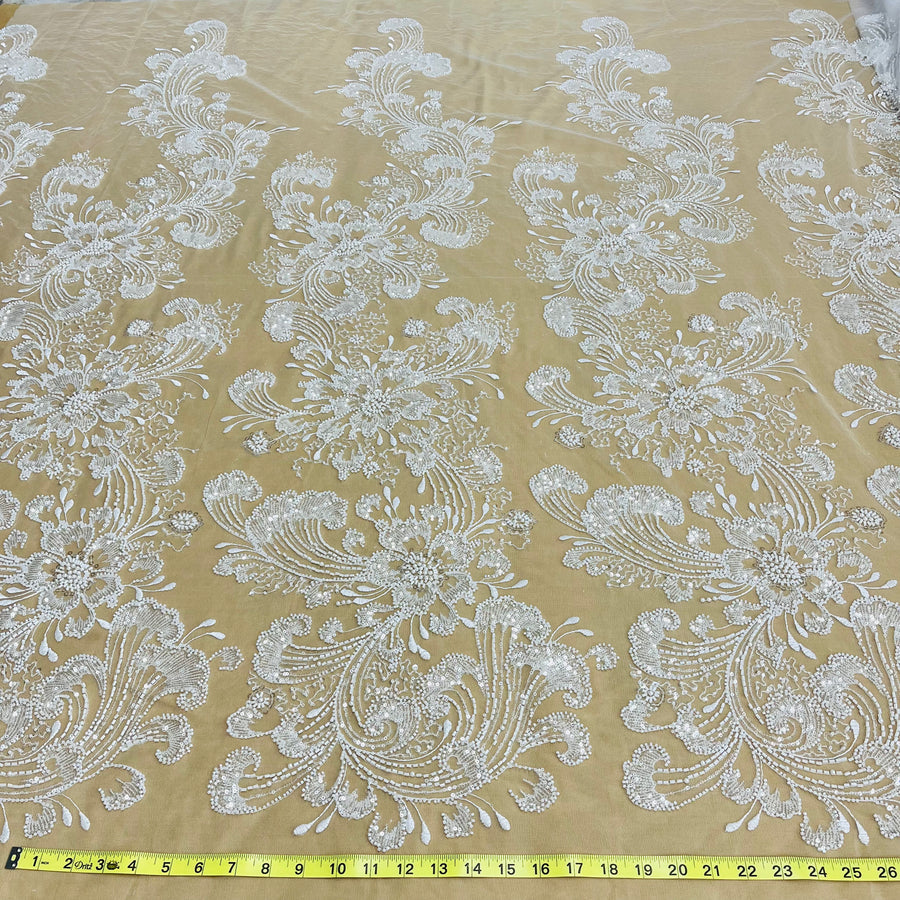 1 Yard Exquisite Beaded Lace Fabric Embroidered on Polyester Net Mesh White Ivory and Blush