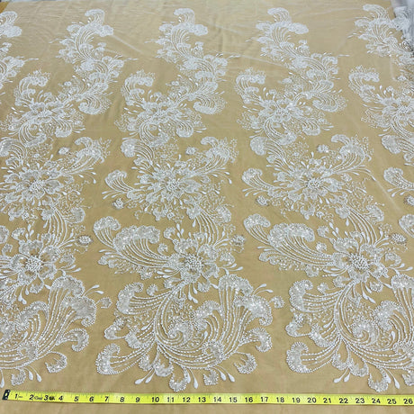1 Yard Exquisite Beaded Lace Fabric Embroidered on Polyester Net Mesh White Ivory and Blush