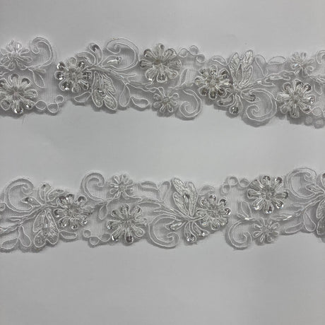 Beaded & Corded Lace Trimming Embroidered On 100 Percent Polyester Net Mesh Fabric - Metallic Gold, Ivory With Silver, White, 2" Width (1 Yard)
