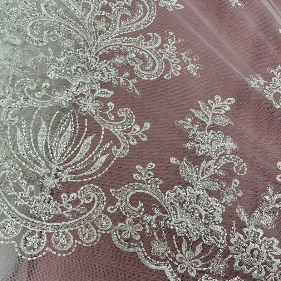 1 Yard Elegant Beaded Lace Fabric Embroidered on Polyester Net Mesh White Ivory and Gold