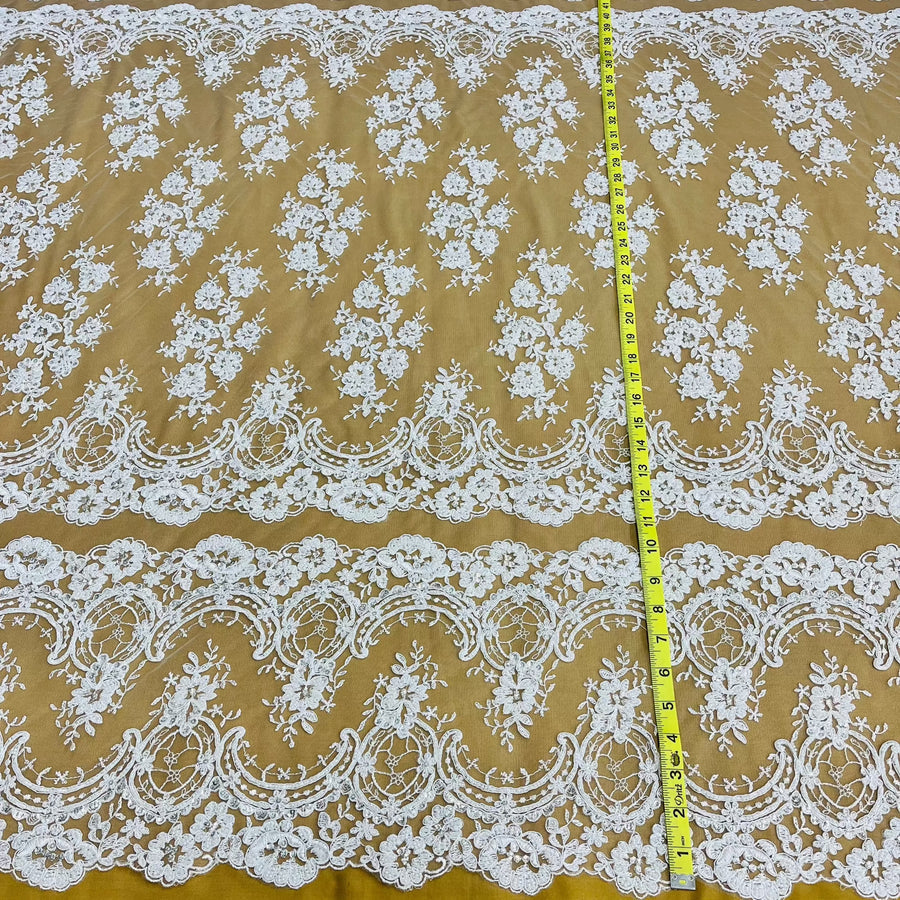 1 Yard Ivory Beaded and Corded Bridal Lace Fabric Embroidered on Polyester Net Mesh 51 Inch Width