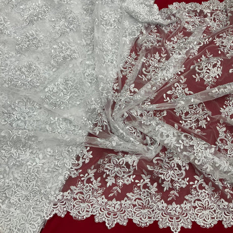 1 Yard Corded Bridal Lace Fabric Embroidered on 100% Polyester Net Mesh White