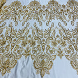 1 Yard Stunning Beaded and Corded Bridal Lace Fabric Embroidered on 100% Polyester Net Mesh White