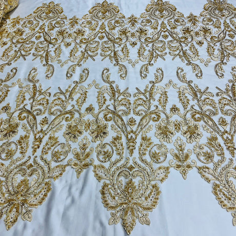 1 Yard Stunning Beaded and Corded Bridal Lace Fabric Embroidered on 100% Polyester Net Mesh White