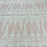 Beaded Corded Bridal Lace Fabric on Polyester Net Mesh