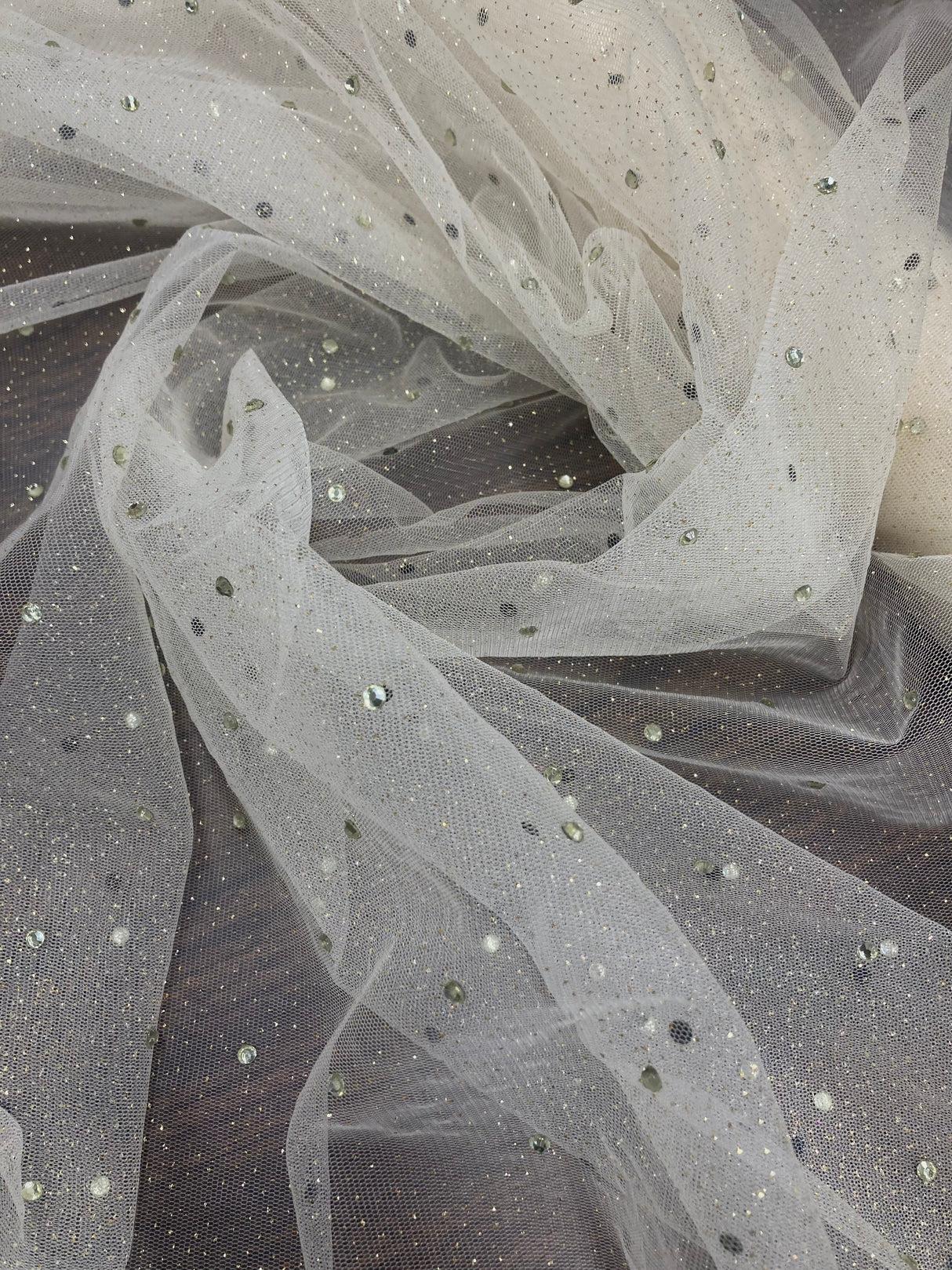 Glitter Mesh Fabric with Scattered Rhinestones