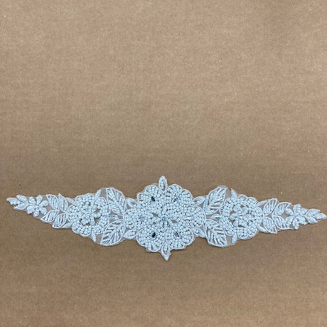 Pearl & Rhinestone Beaded Lace Applique 100 Percent Polyester Net Mesh Fabric - White, Ivory, 12.5" X 3" (1 Piece)
