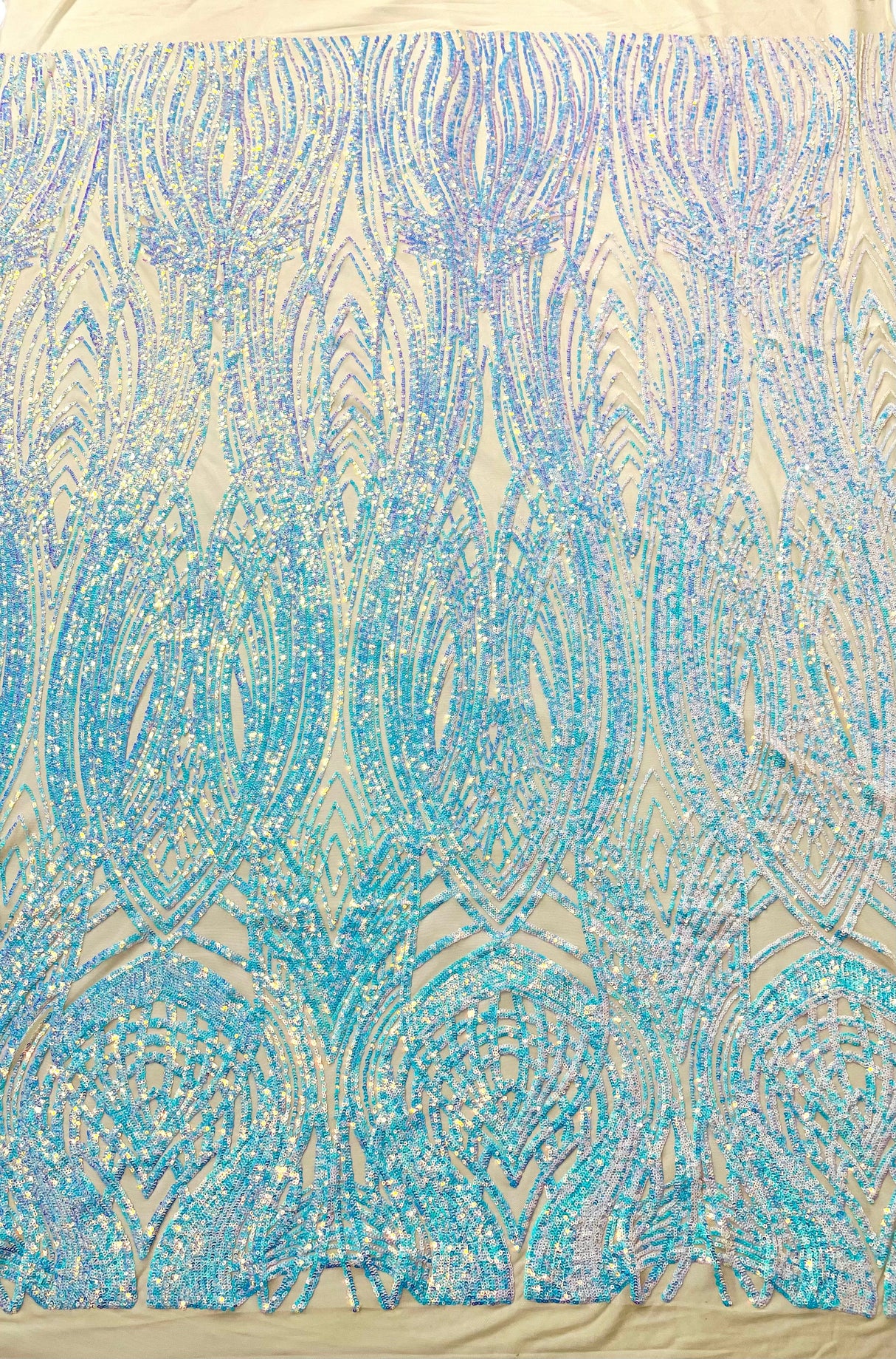 Feather Damask Shiny Sequin Design 4 Way Stretch Mesh Fabric - Iridescent Sequin Embroidered Mesh, 48-50" Width, 36" Length (1 Yard)