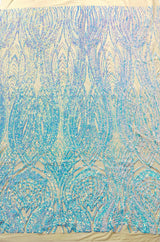 Feather Damask Shiny Sequin Design 4 Way Stretch Mesh Fabric - Iridescent Sequin Embroidered Mesh, 48-50" Width, 36" Length (1 Yard)