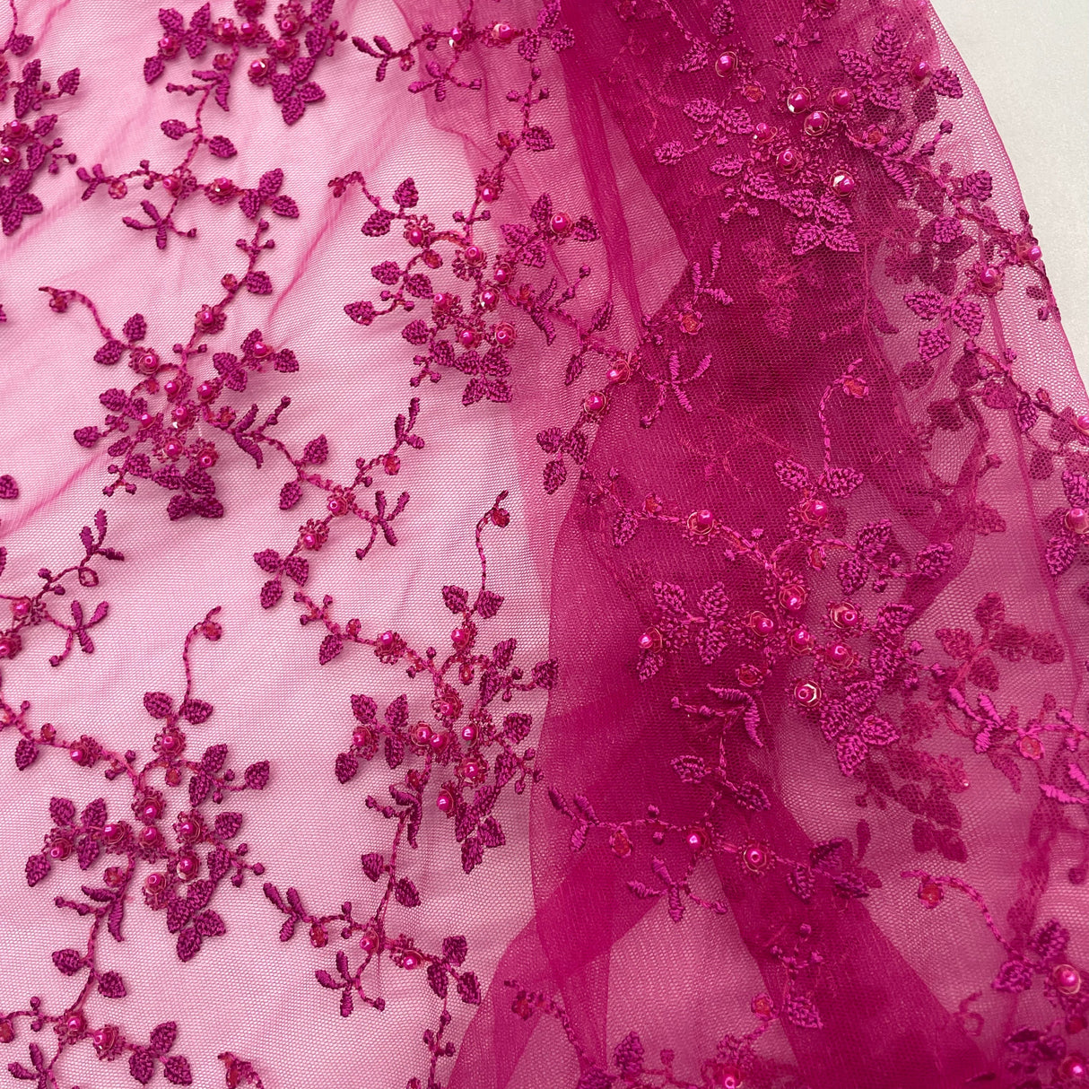 Beaded Lace Fabric Embroidered On 100 Percent Polyester Net Mesh - Fuchsia, Lime Green, Lilac, Silver, Mustard, 53" Width (1 Yard)