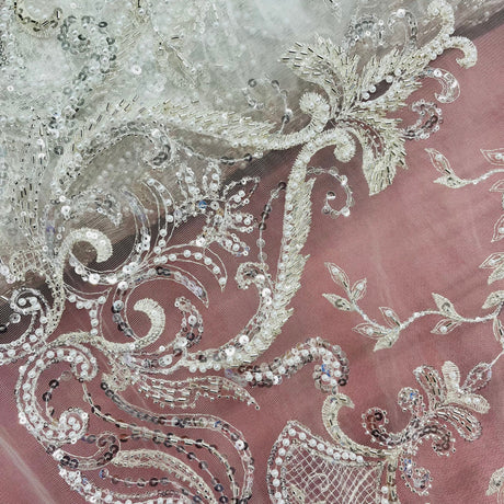 Beaded Lace Fabric on Polyester Net Mesh