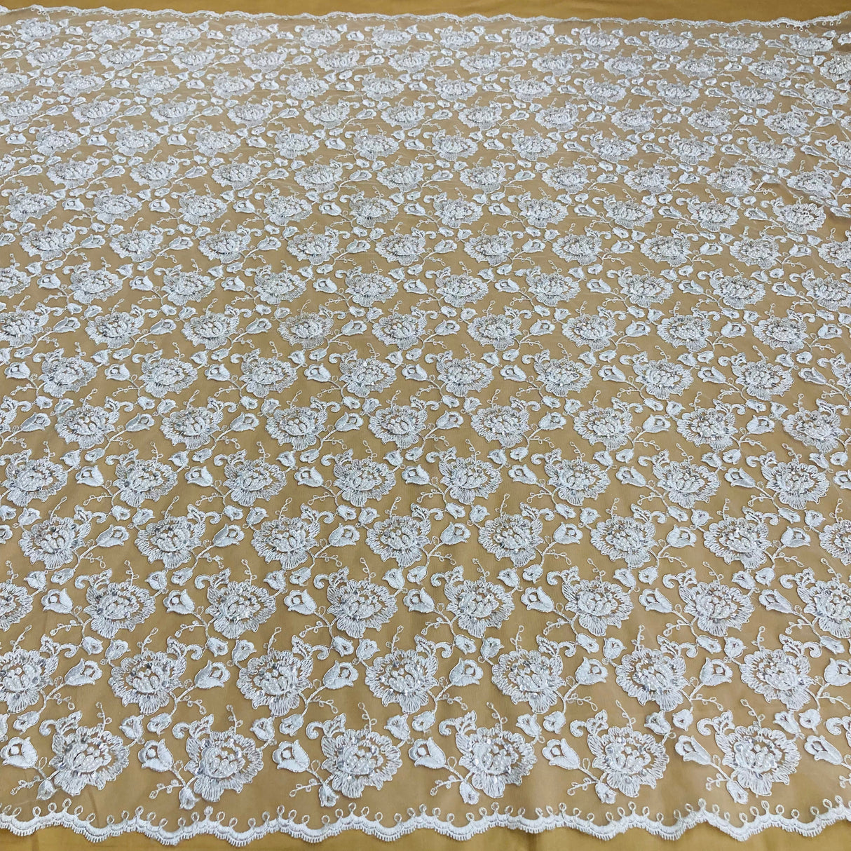 Beaded & Corded Bridal Lace Fabric - Black, Ivory With Silver, 51" Width (1 Yard)