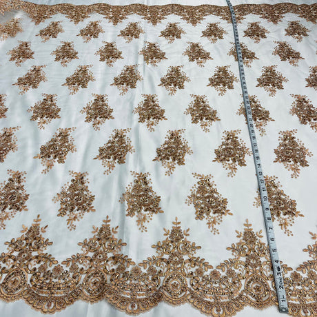 1 Yard Exquisite Beaded and Corded Lace Fabric Embroidered on Polyester Net Mesh