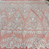 1 Yard Elegant Corded Bridal Lace Fabric Embroidered on 100% Polyester Net Mesh White