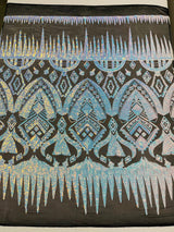 Tribal Sequin Fabric - Aqua Blue Iridescent On Black Mesh, 54" Width (1 Yard)
