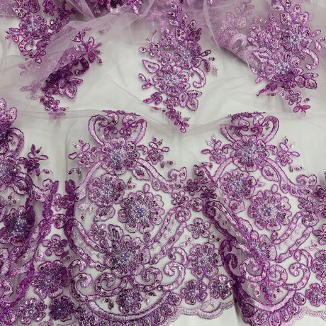 Beaded Corded Lace Fabric Metallic Scallops