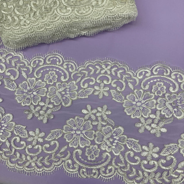 Corded Embroidered Lace Trimming 100% Polyester Net Mesh 10"
