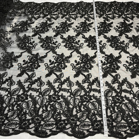 Beaded Corded Lace Fabric - Embroidered 100% Polyester Net Mesh, Navy, Black, Red, 50" Width (1 Yard)