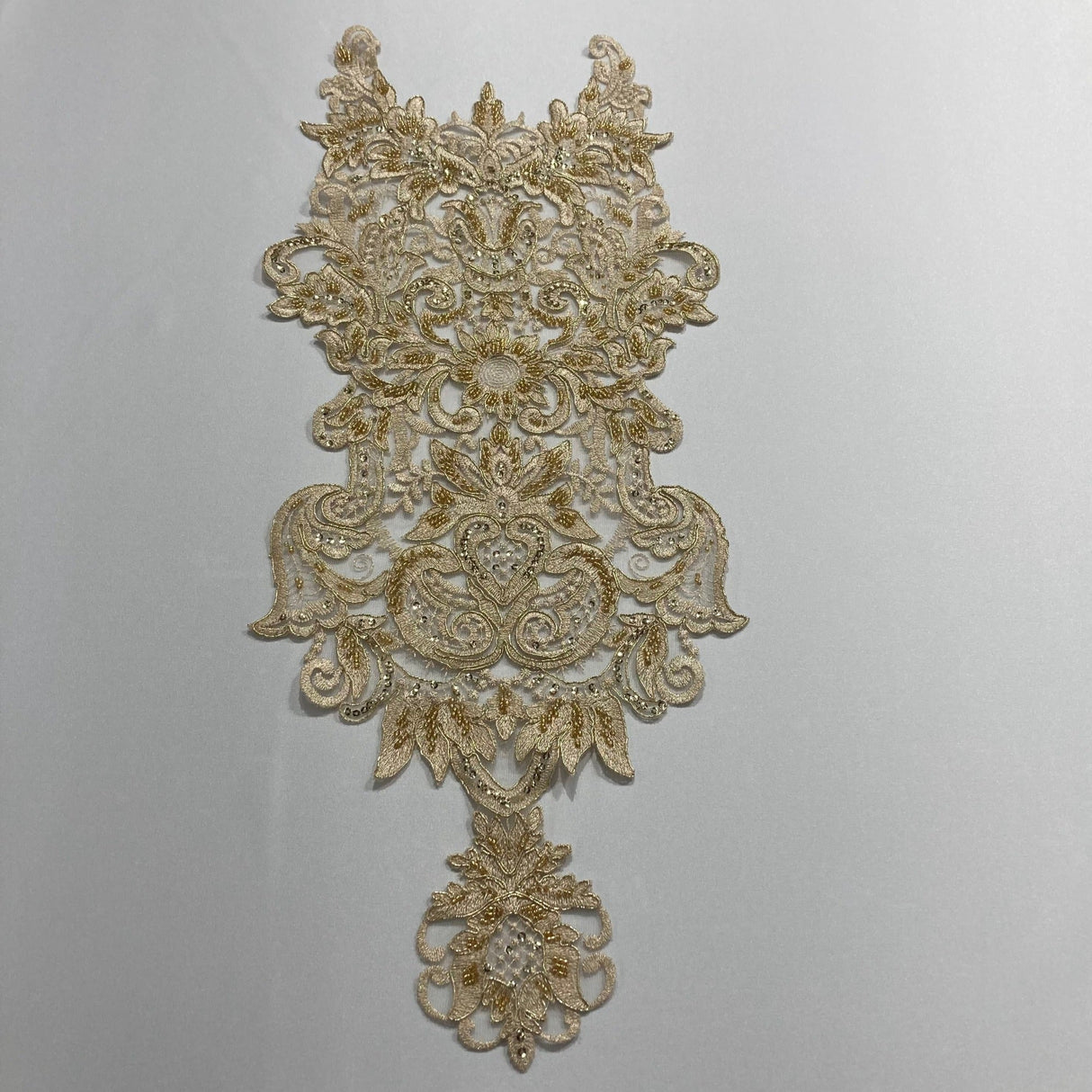 Beaded Corded Lace Medallion Applique Polyester Fabric - Gold, Ivory, White, 25" X 10.5" (1 Piece)