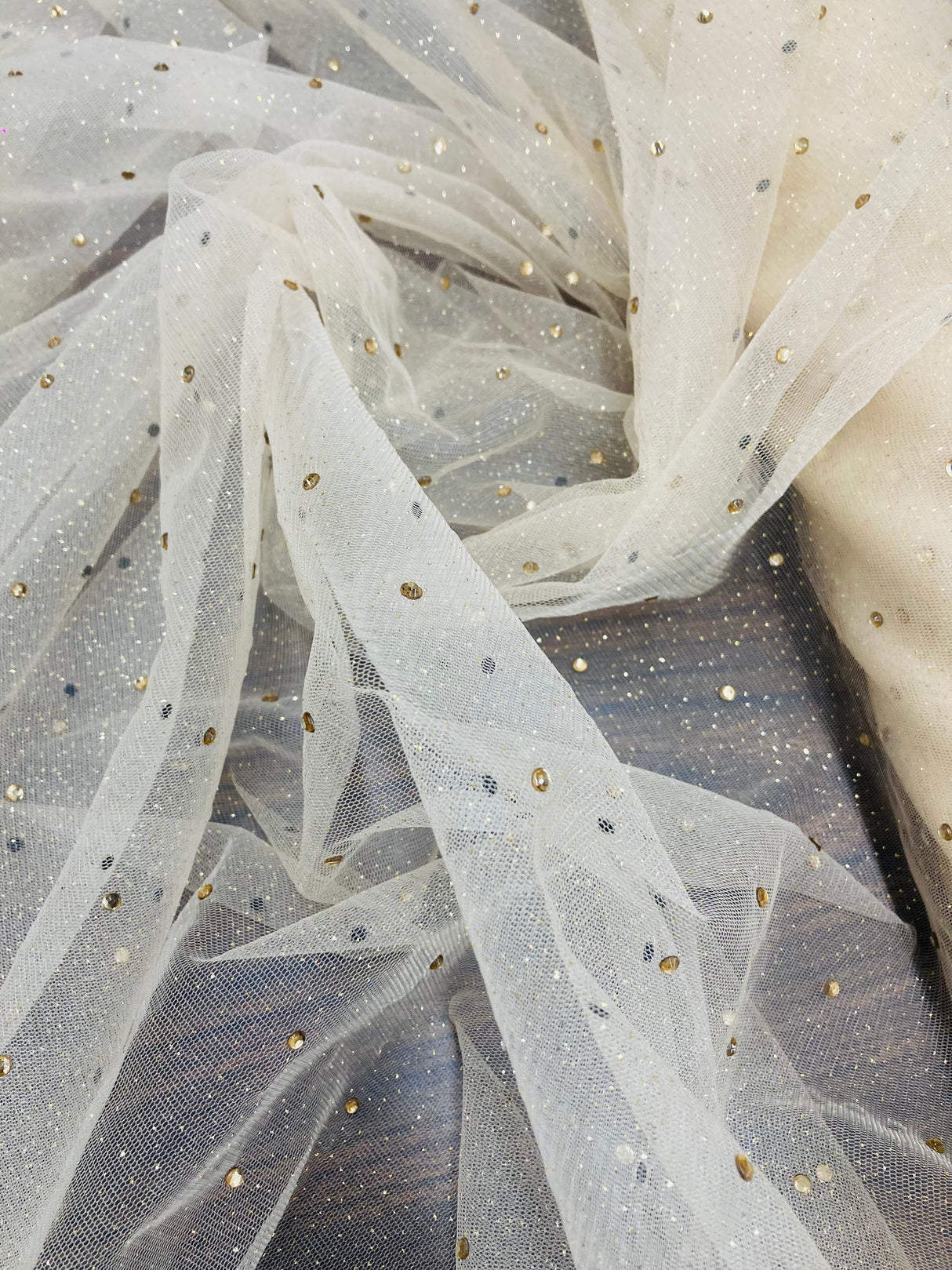 Glitter Mesh Fabric with Scattered Rhinestones