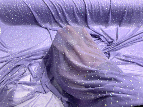 Sheer All Over AB Rhinestones Stretch Power Mesh Fabric - Colorful Rhinestone Embellishment, 58IN WIDTH (1 Yard)