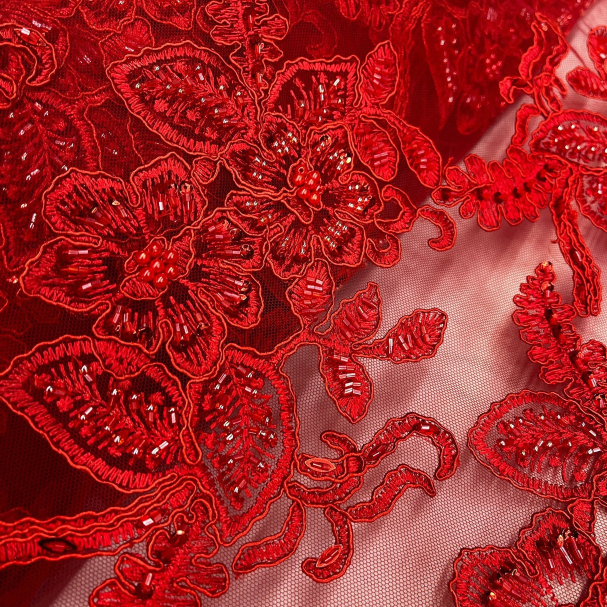 Beaded Corded Lace Fabric on Polyester Net Mesh