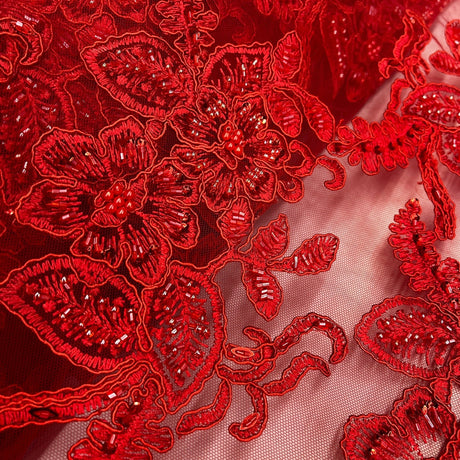 Beaded Corded Lace Fabric on Polyester Net Mesh
