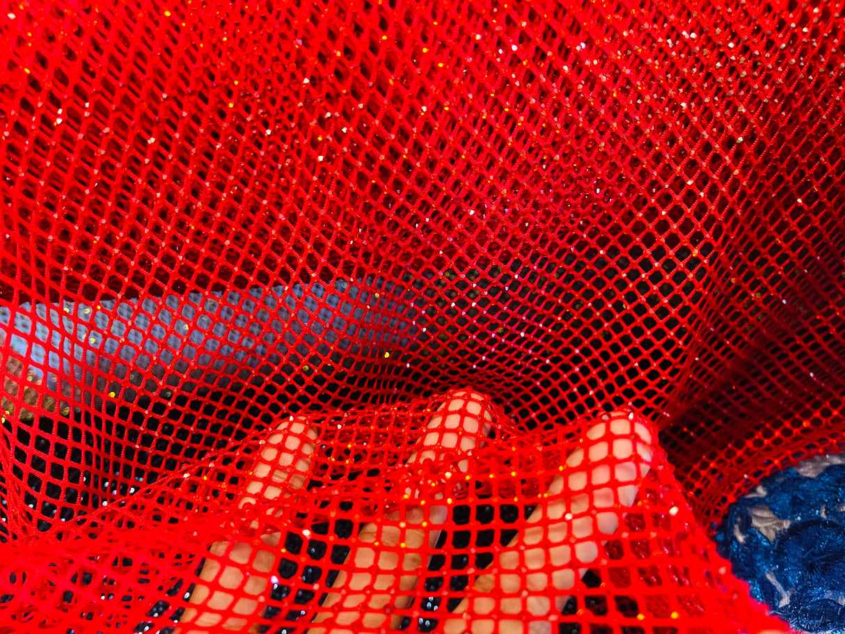 AB Rhinestones On A Fish Net Polyester Fabric - Iridescent Rhinestone Mesh, 1 Yard