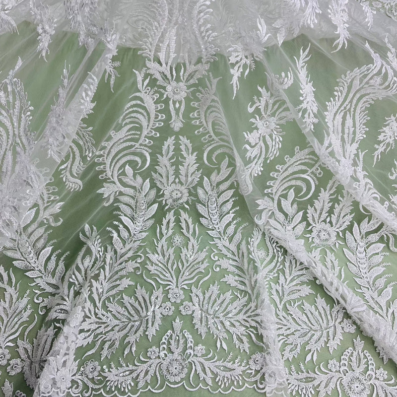 Beaded Sequined Lace Fabric - Ivory, White, 56" Wide (1 Yard)